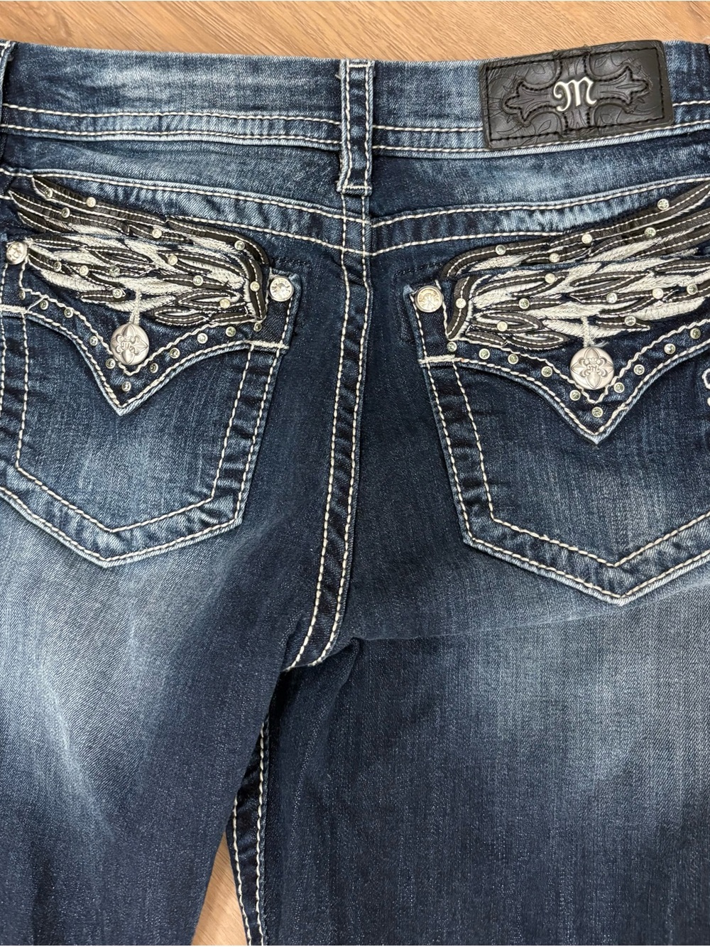 Mossimo Supply Co. Dark Blue Bootcut Jeans with Wing Pocket Embroidery